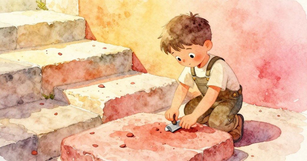 Theo正在仔細敲擊岩石,石階上散落著閃亮碎屑與歷史化石,呈現出工匠精神與歲月痕跡的發展。