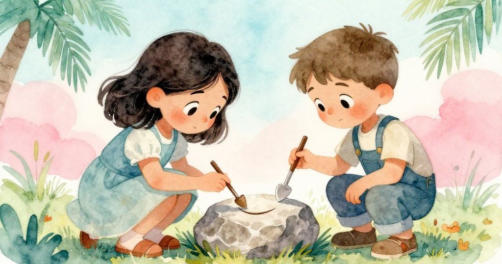 Olive蹲下與Theo交換工具,彼此無言對視,專注觀察石面細微弧線,展現出探索秘密的發展情境。