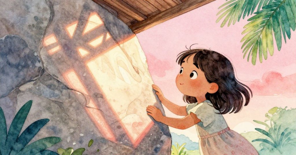 Olive用指尖輕觸刻痕石面,在斜陽光下探索奇妙紋路,呈現超現實幾何之美,情緒逐漸高昂。