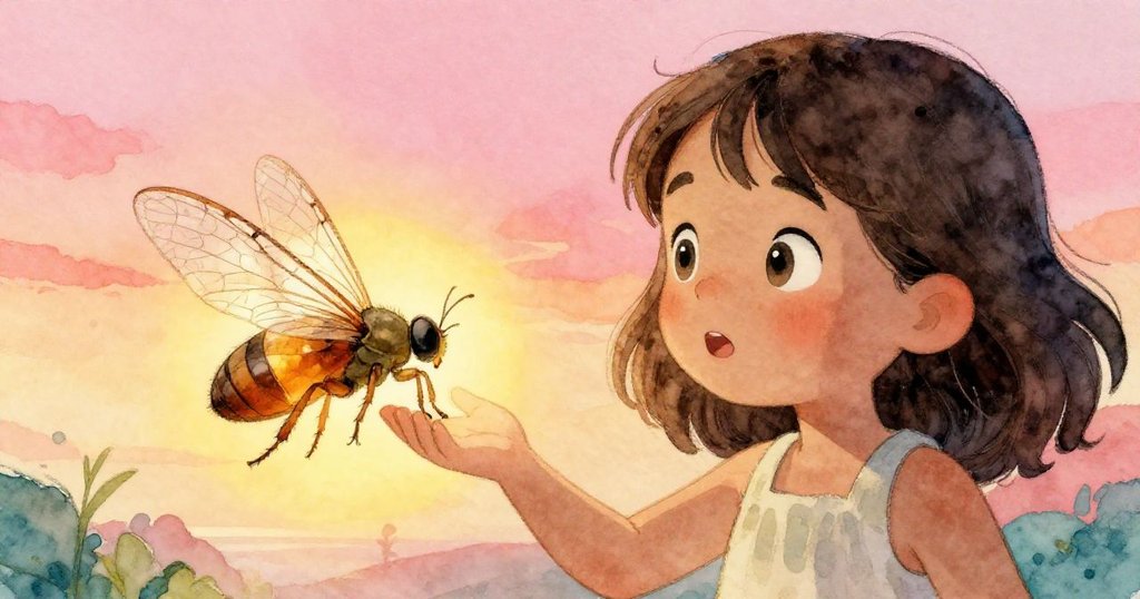 Amber光線下,Olive驚喜發現昆蟲化石翅脈精緻,神情充滿奇妙與勝利,象徵探索達到高潮。