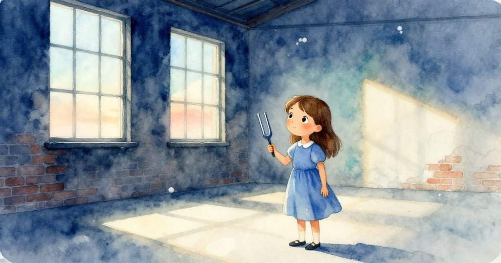 Rosa穿著藍色連衣裙,在改造倉庫中準備調音,柔和夕陽從高窗灑入,背景呈現刷洗過的磚牆與木質長凳,臉上流露期待與寧靜。