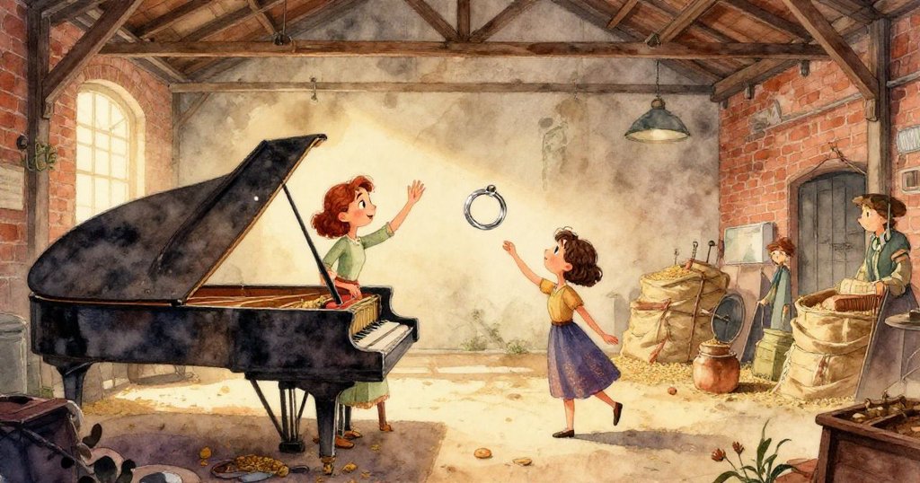 Rosa的雙手專注地將閃亮金屬調音叉放於古典琴鍵旁,畫面細緻展現物件質感與柔和光影,充滿專注情感。