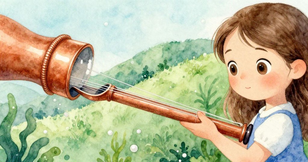 Rosa凝視一根銅絞琴弦在窄縫中映出遠處綠色山坡倒影,光影交錯中流露驚喜與好奇,畫面充滿神秘氛圍。