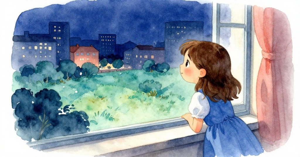 Rosa走向高窗,透過窗戶凝望外面柔和夕光中都市與綠野交融的景致,神情充滿好奇與期待,畫面呈現溫柔融合。