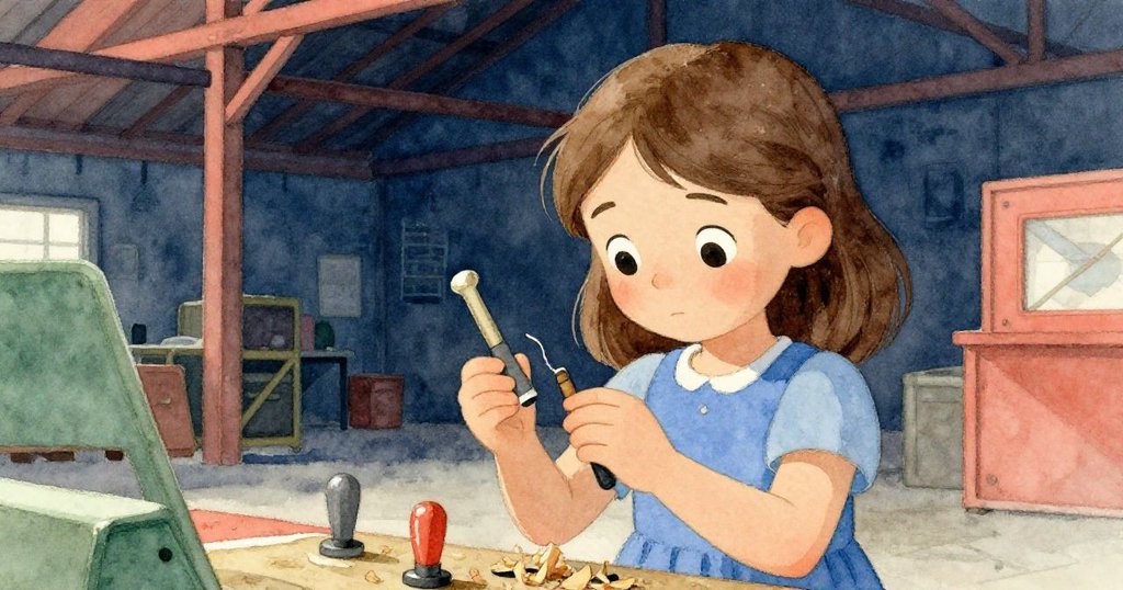 Rosa聚精會神地檢查灰色及紅色靜音片與新鮮松屑,她專注的目光與細膩動作顯示內心糾結,場景充滿張力與細節。