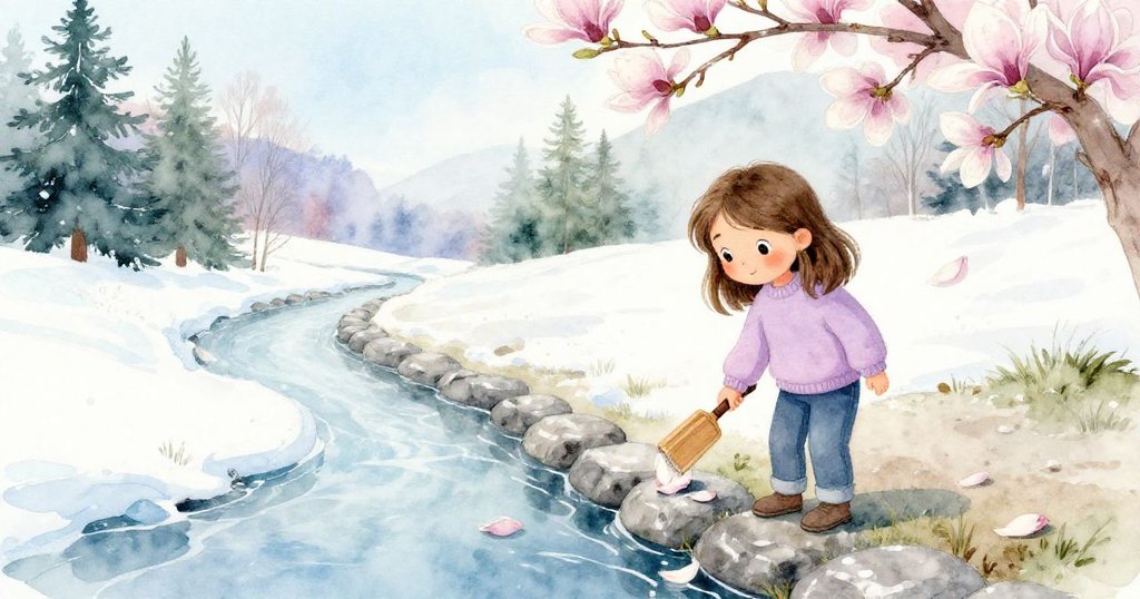 Gwen在濕潤石道邊輕刷落花,冰藍與雪白背景襯托出故事開始的靜謐與神秘感。