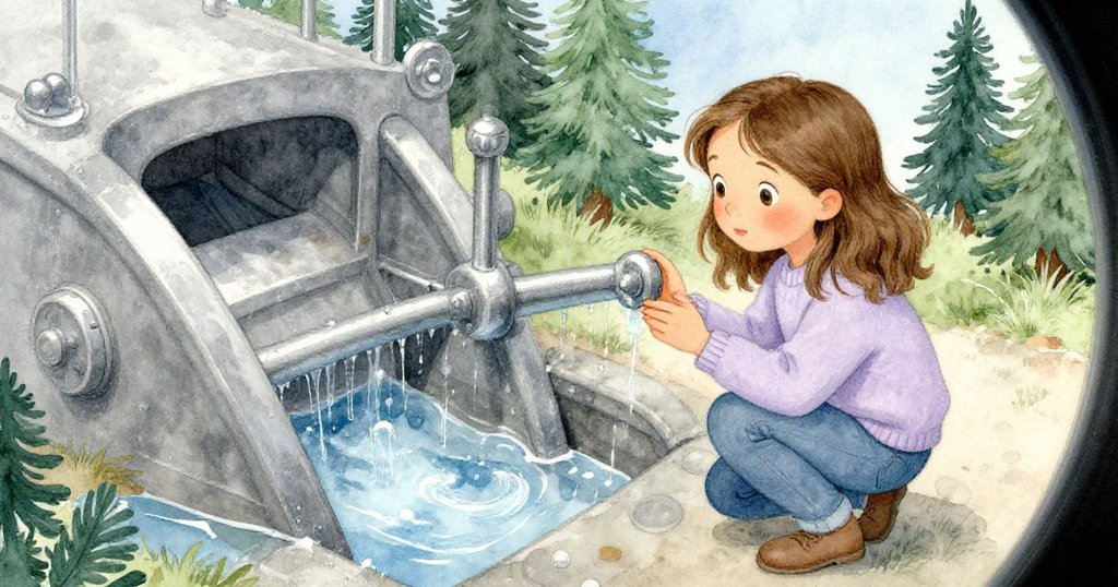 Gwen蹲於舊水閥旁,觀察凝露水珠,扭曲視角突顯石面細節與時光痕跡,故事進入探索階段。