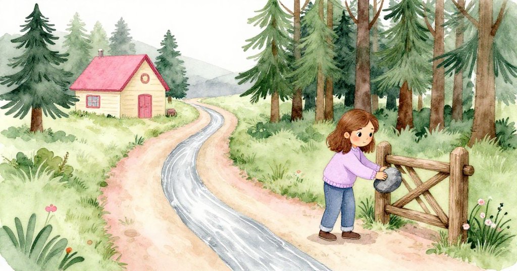 Gwen站在交叉水道前,輕按杉木門旁落石,面對家園及樹林之間的過渡地帶,情感充滿猶豫。