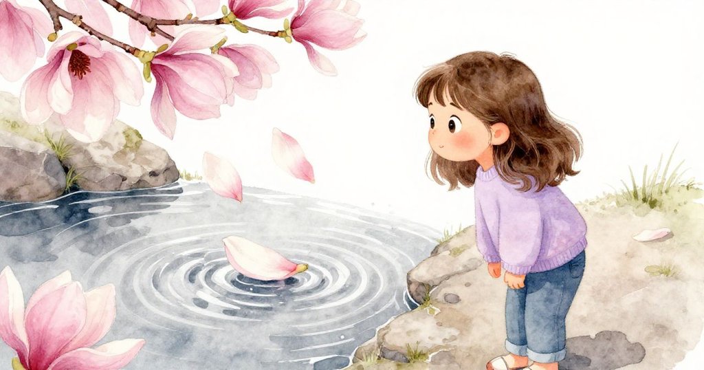 Gwen凝視著水面上緩旋的木蘭花瓣,靜謐中蘊含大自然復甦與心靈啟示,故事溫柔收尾。