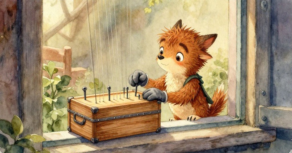 Wren的手指輕輕觸碰覆霜的弦樂，指尖與金屬接觸間透出微妙溫度，她小心翼翼地接近紅鈕扣。