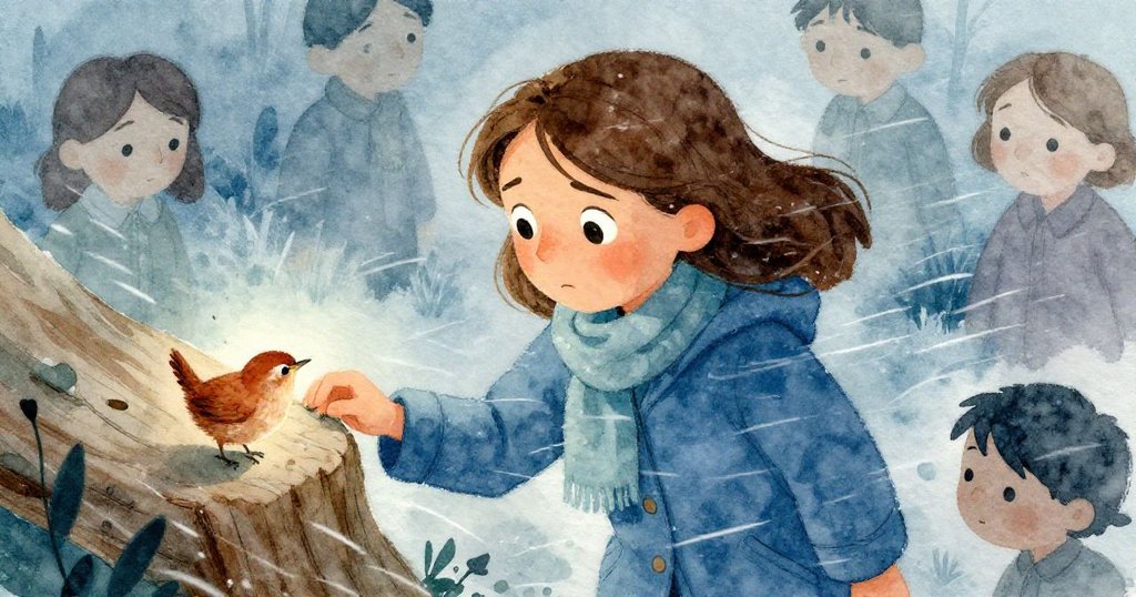 從高處俯瞰，Wren在凜冷風中俯身傾聽，臉上透露出脆弱與堅毅，認真注視木頭上一處細小裂痕。