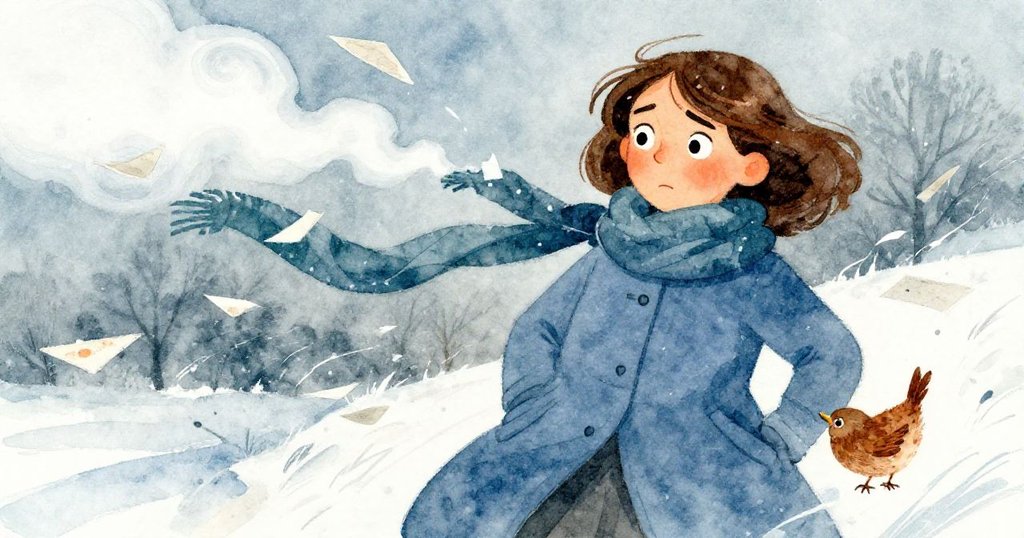 Wren側臉展現堅定，呼出的氣息化作霧狀與任風而舞的筆記本紙頁交織，氛圍充滿變幻之感。