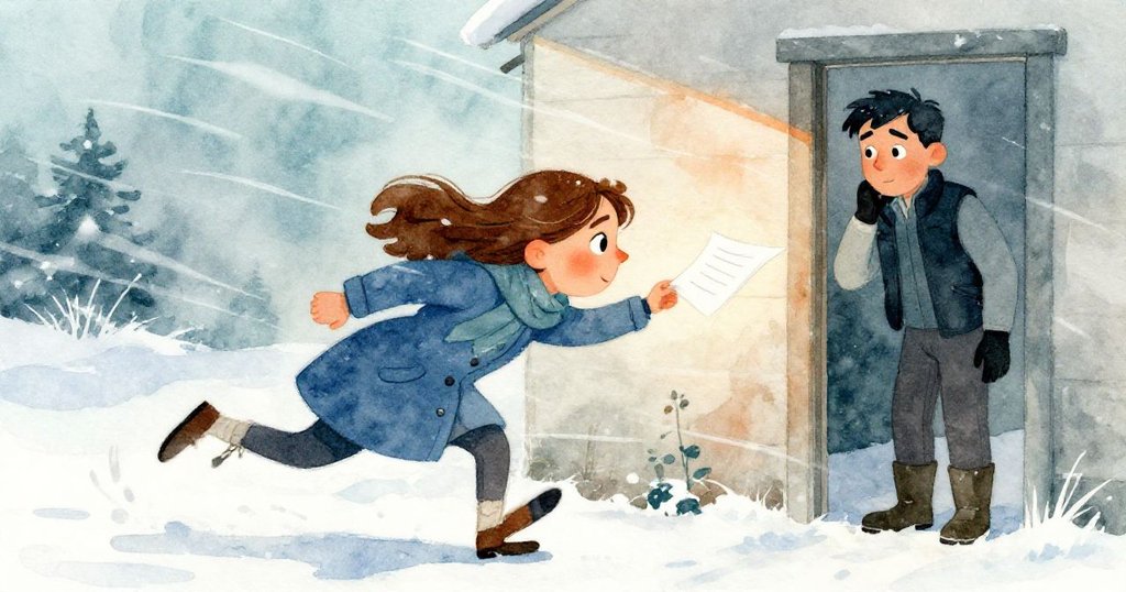 Wren急速追逐隨風飄散的紙頁，腳步充滿急切，Jasper在門旁回顧，動態展現緊張與不確定性。