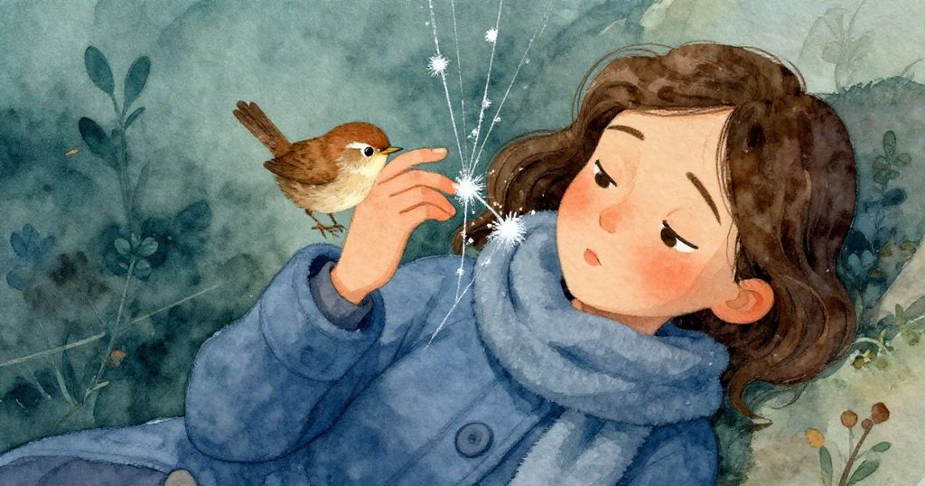 Wren閉上眼睛平靜休息，手指輕觸發光的弦音，臉上流露出溫柔與反思，環境靜謐中蘊藏著餘韻。