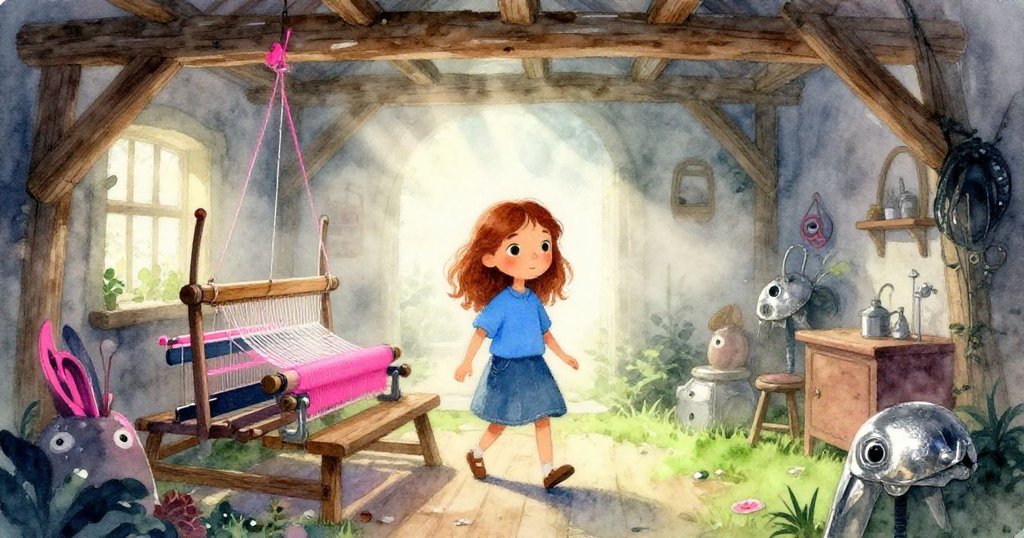 在晨霧柔光中,Hazel走進古老作坊,窗外微光映照,懷著期待與好奇步入溫暖空間。