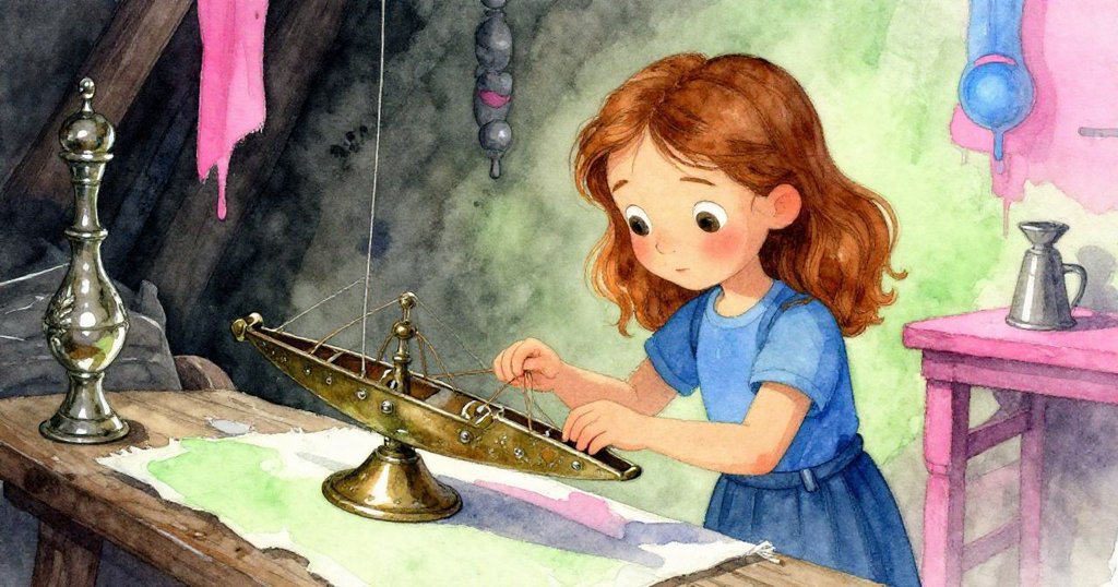 Hazel小心檢視光芒閃爍的青銅穿梭,專注動作顯現驚喜,溫暖作坊內物件細節豐富。