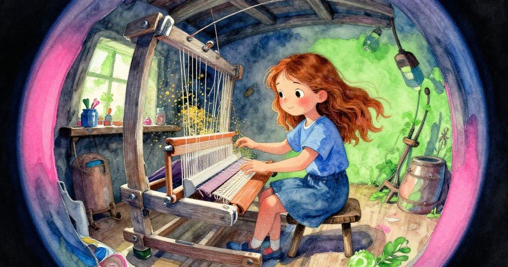 在扭曲視角中,Hazel輕碰織機導致線軸振動,飛散金粉營造出奇幻動感,充滿專注與詩意。