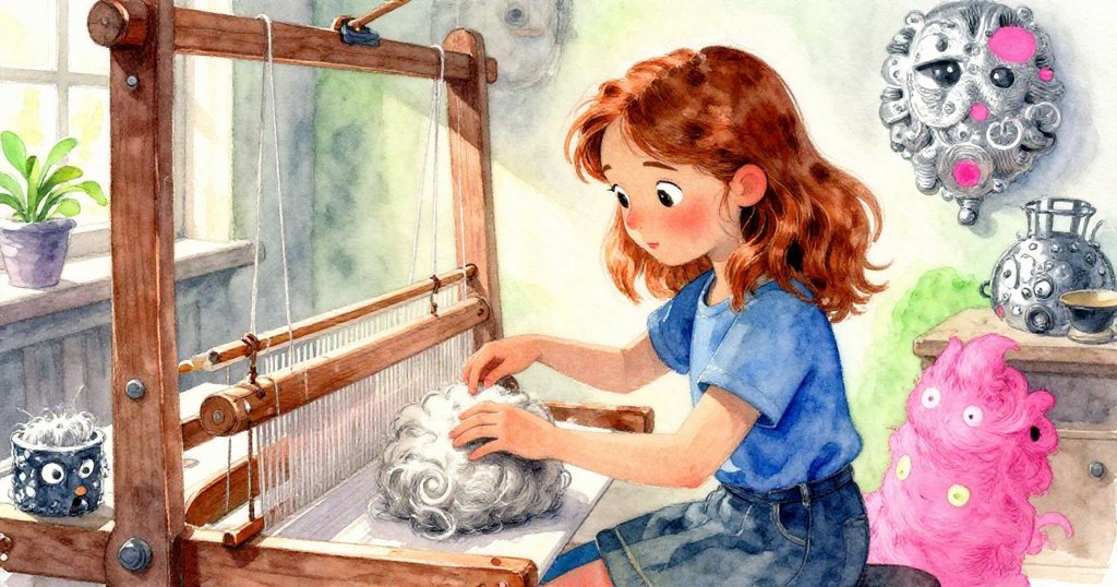 陽光斜灑作坊牆面,Hazel輕觸毛線細節,金色微光閃爍,她專注探索環境光影交錯情景。