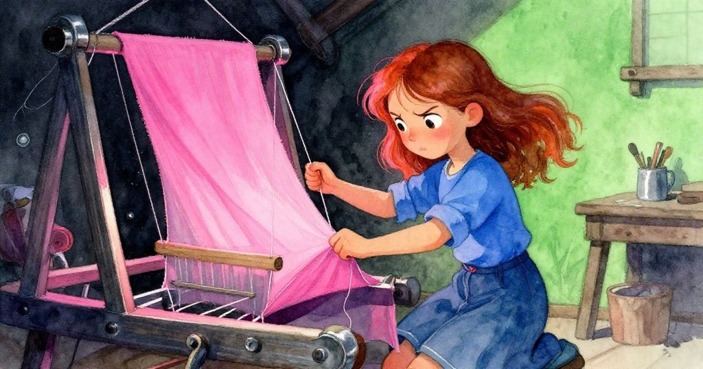 Hazel努力調整織機緊繃線軸,手握發白刻畫掙扎瞬間,氛圍中充滿戲劇性與堅定情感。