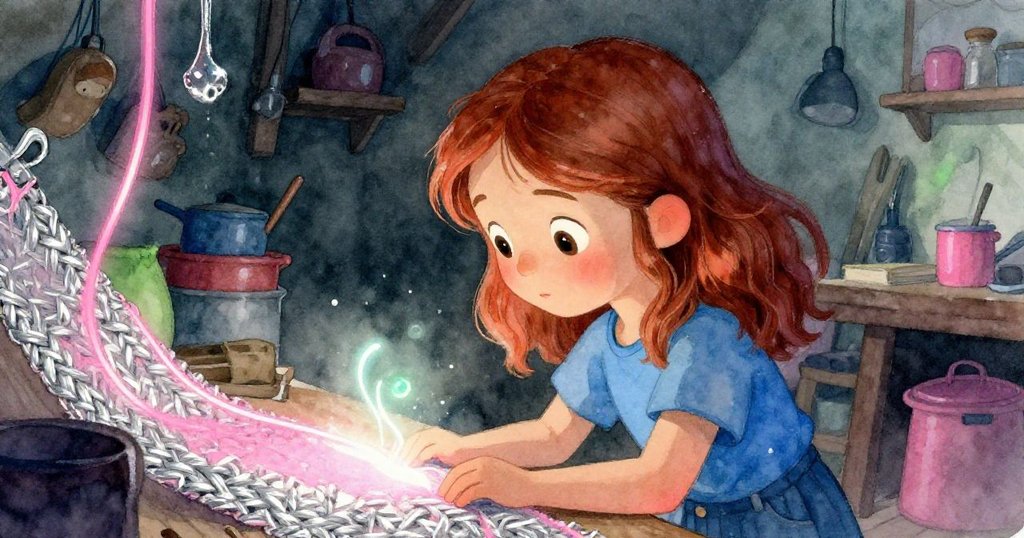 Hazel靜靜注視織布上淡光閃爍線跡,修補痕跡伴隨疲憊與安慰,作坊內情緒由緊繃轉為柔和曖昧。