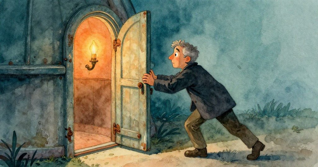 班先生輕推老舊天文台大門，門上銹蝕斑駁，微弱橙光映出內部神秘氣息，顯示他小心又期待。