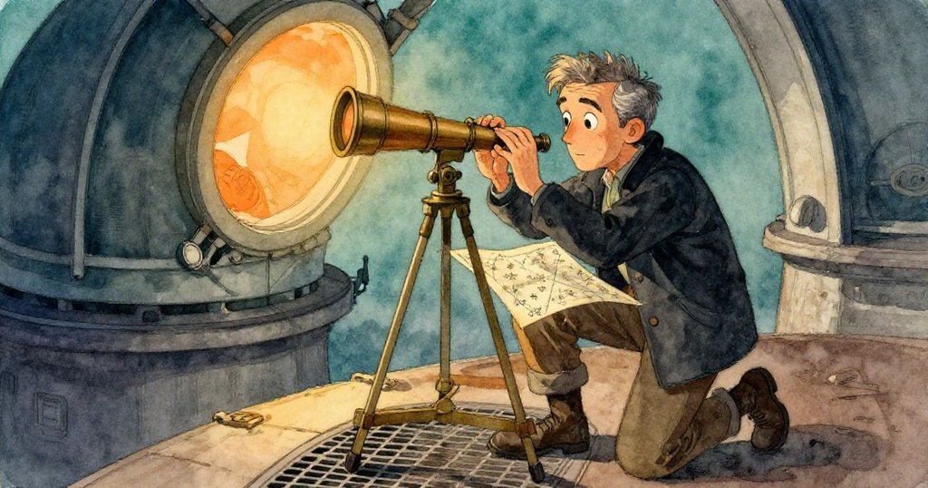 班先生仔細檢查古舊望遠鏡與天文圖，腳踏金屬格柵，顯露出對老物件細節的好奇與專注。