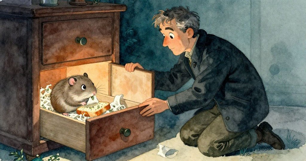 班先生跪在冰冷地板上，輕掀面板露出小睡鼠正啃著帶百里香斑點麵包，表情溫柔又驚喜。