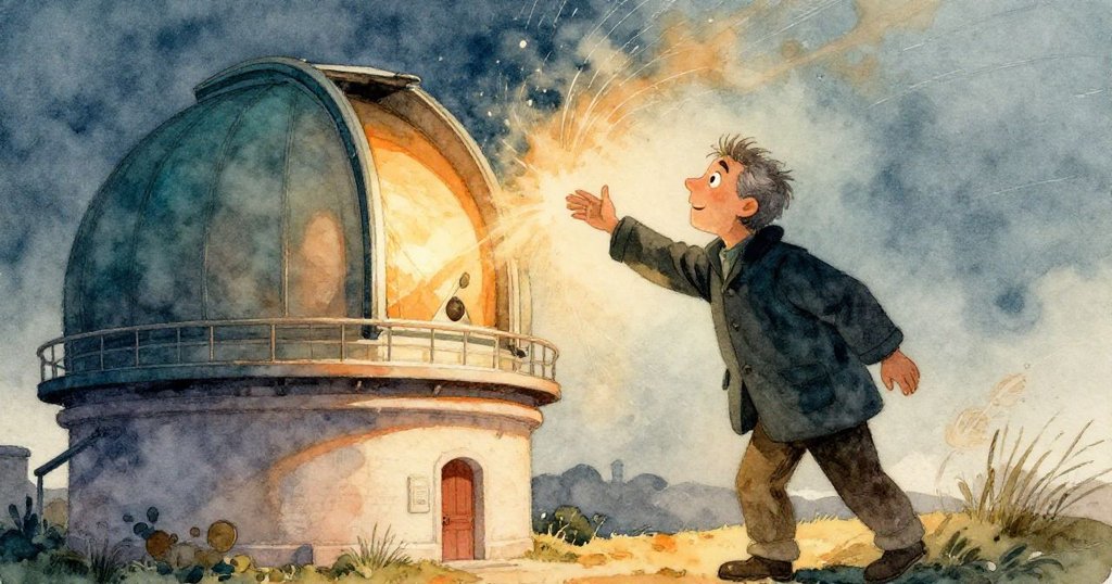 班先生輕放剎車，圓頂緩緩轉動，塵埃隨光飄舞，保留一角星空給小睡鼠，氣氛神秘。