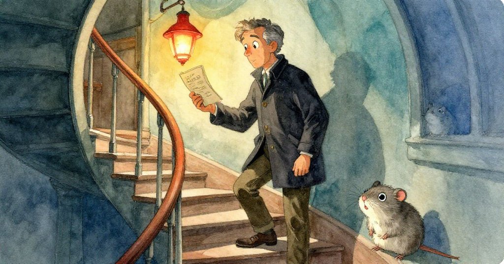 班先生合上筆記本，沿階梯緩步離去，紅燈溫暖映照天文台內，小睡鼠靜享餘光，展現心中新希望。