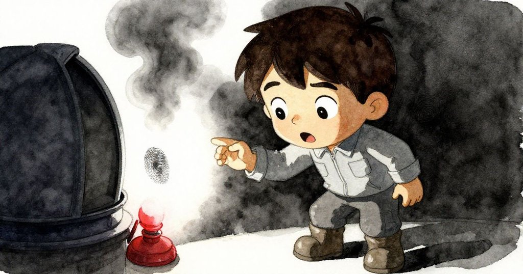 室內望遠鏡室中，Theo以驚奇眼神注視著金屬上的神秘指紋，紅燈柔光下表情充滿好奇與擔憂。