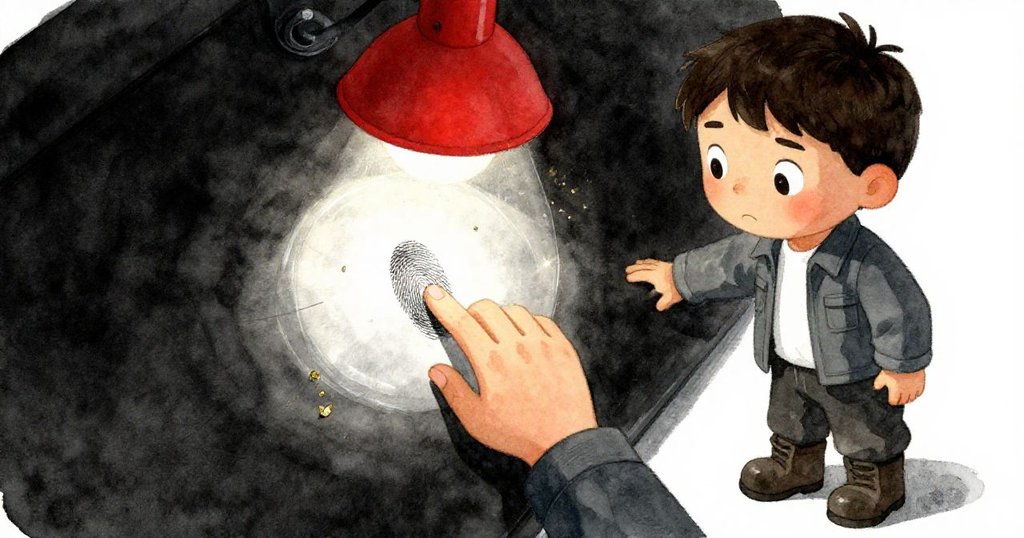 從背後細看，Theo俯身用手指輕觸反光金屬上留下的指紋，細節展現微小銅屑閃爍，畫面透露專注與探索。