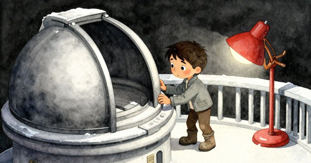 從高處俯瞰內部，Theo一邊觸碰粗糙欄杆、一邊調整望遠鏡設定，室內紅光輕輕映照，場面專注且富有張力。