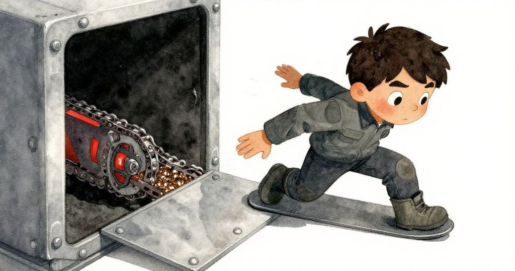 動態鏡頭中，Theo迅速打開金屬地板面板檢查驅動鏈，銅屑閃閃發光，專注的身影映襯著紅光與深邃陰影。