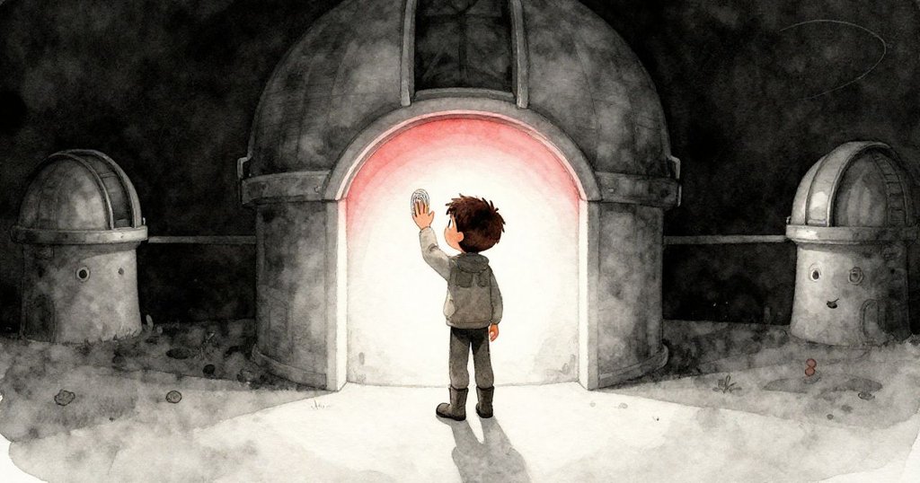 寧靜的全景中，Theo站在望遠鏡室中央溫柔按壓指紋，舊痕更新，室內紅光柔和，彰顯人與機械間和諧修復。