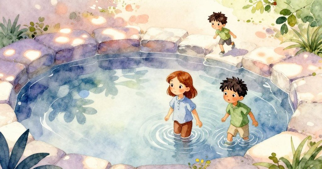 Eve和Hugo走向戶外溫暖泉池，石牆彎曲，陽光灑落，充滿好奇與期待情緒。