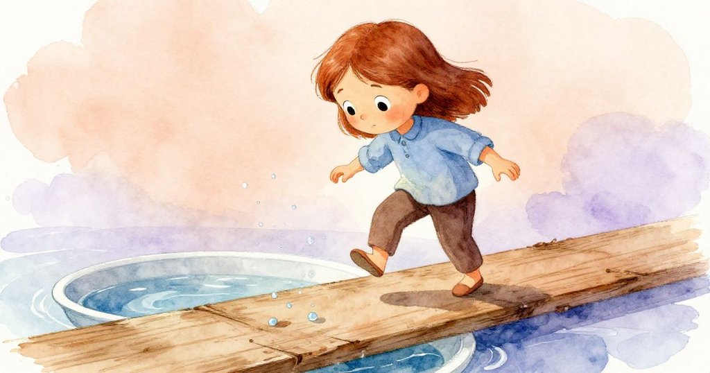 Eve小心走在木板上，手輕觸木板邊緣，水珠閃爍，展現專注與細膩情感。