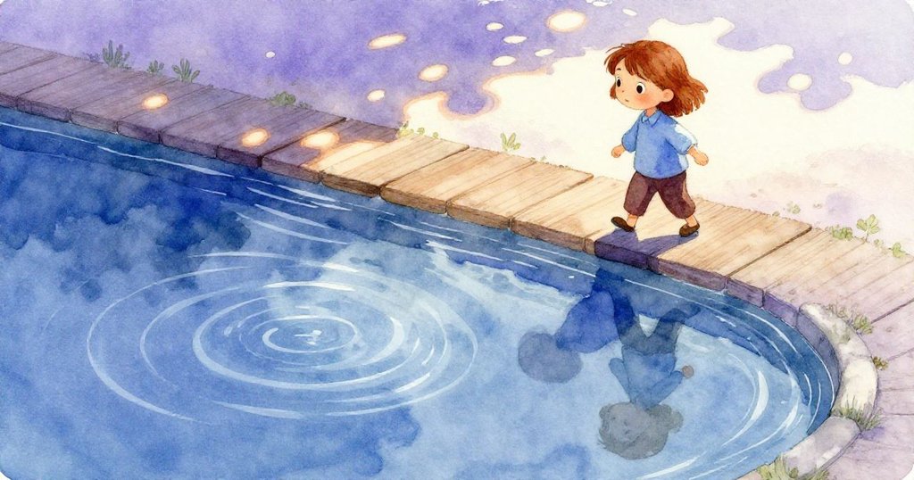 從小動物視角看，Eve走動激起水面漣漪，反映出神秘迴響，場景充滿魔幻與細膩光影。