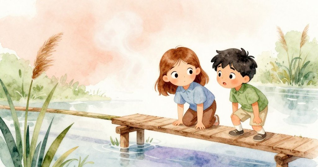 Eve與Hugo好奇凝視木板上如橋般的蘆葦，蒸氣微繚，氛圍柔和過渡，充滿探索情感。