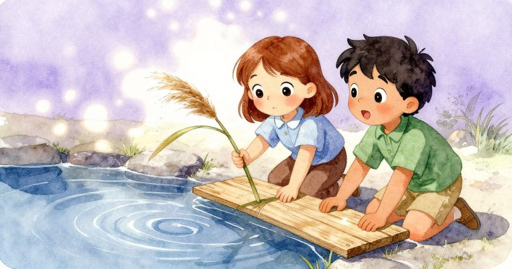 Hugo輕捻蘆葦，Eve穩住木板，兩人表情充滿集中與喜悅，細節豐富且互動生動。