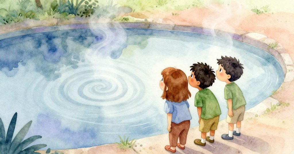 Eve與Hugo靜靜注視池中漩渦狀影，蒸氣淡去，場景充滿沉思與驚奇，氛圍溫柔延續。