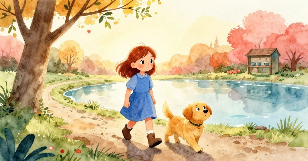 克拉拉與麥克斯在晨曦中走向解凍的池塘，路邊泥濘、冰面微裂，充滿期待與溫暖的氛圍。