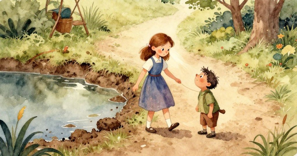 克拉拉的泥濘靴子在池塘邊留下深深腳印，溫暖的光線照亮步伐記憶。