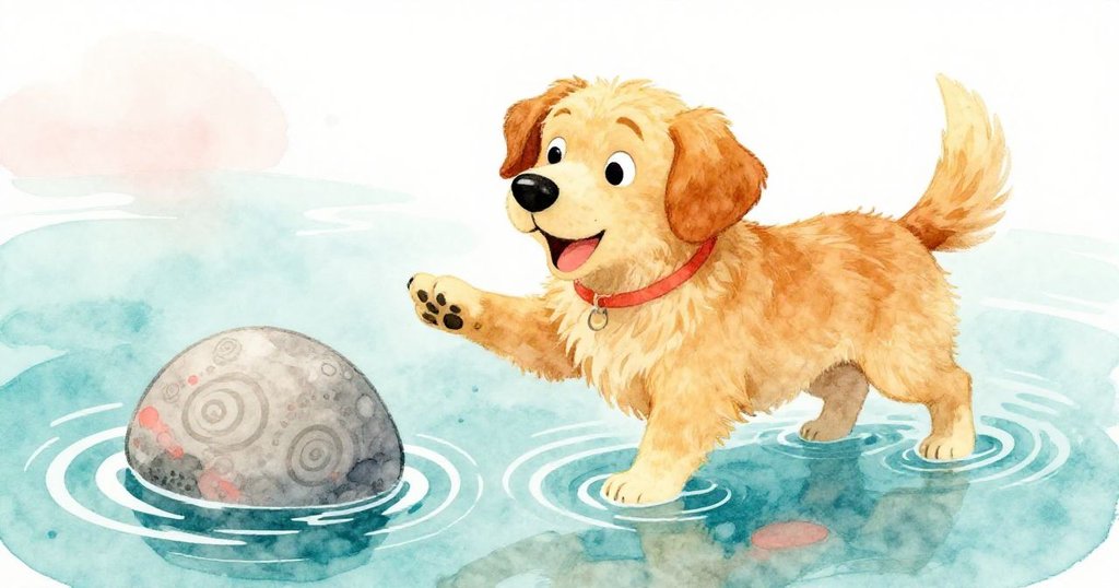 麥克斯興奮地用爪子指向水中半淹的石頭，蜿蜒的螺旋圖案在水光中散發魅力，充滿好奇。