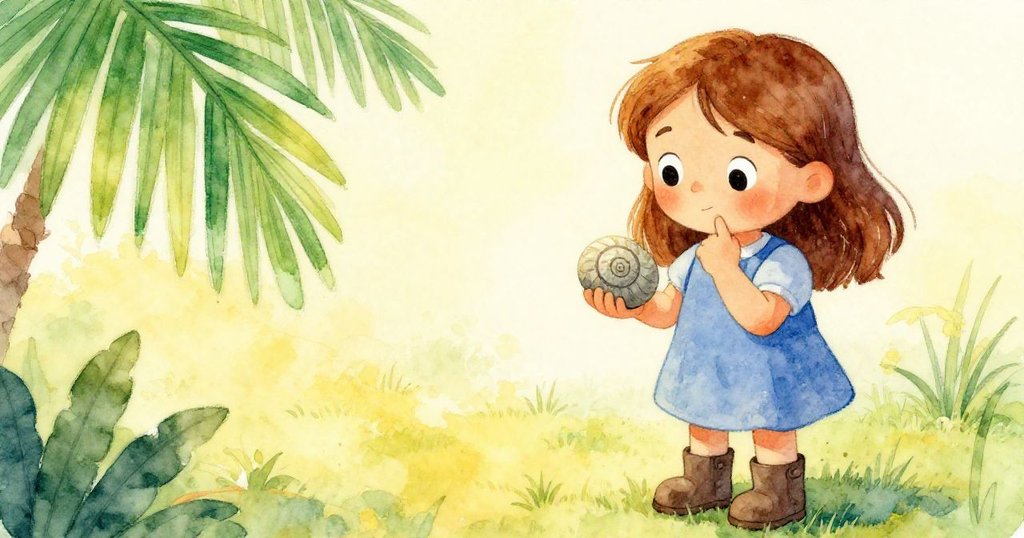 克拉拉仔細端詳著手中精緻螺旋石，臉上浮現思索微笑，環境中透出新生大自然的溫柔光芒。