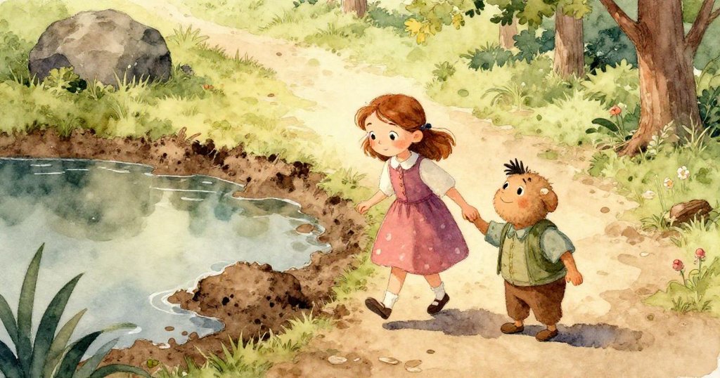 老舊信封從架子上飄落至泥濘中，水滴輕輕降落，象徵著時光靜靜流逝與大自然的溫柔擁抱。