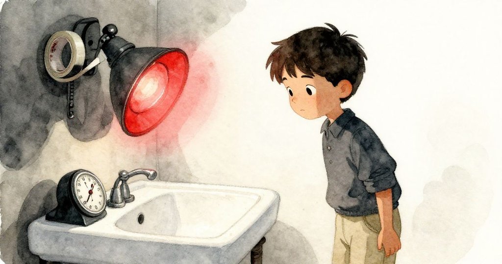 Cole 站在傾斜角度的暗房中,紅色安全燈照亮舊式設備與滴水瓷器,充滿好奇與神秘感。