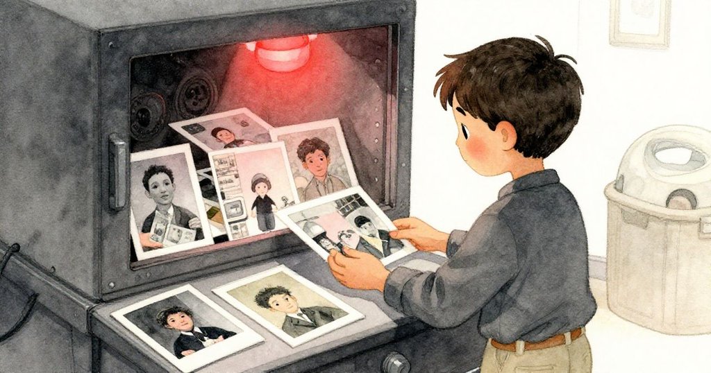 Cole 從背後觀看正仔細排列老相片,暗房中紅光映照,他表情專注,呈現回憶與思考感。