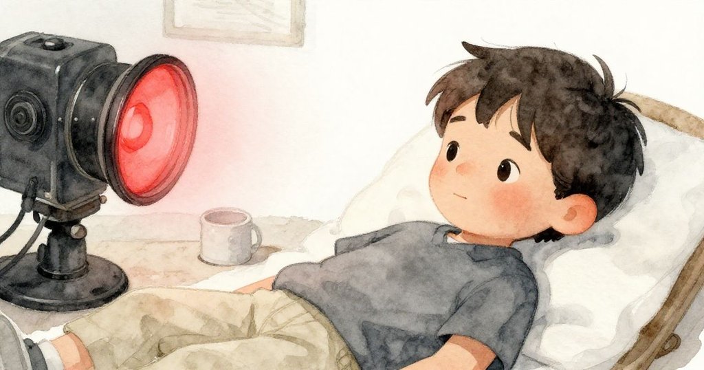 Cole 坐在暗房中靜靜休息,紅色安全燈穩定照耀,他面帶微笑,展露工作後的平和與滿足感。