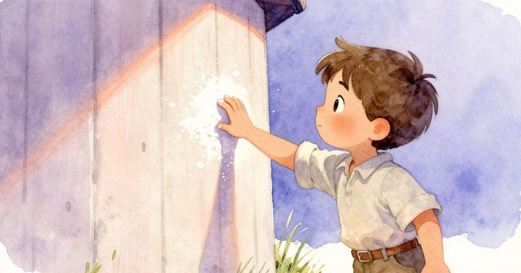 布雷克伸手仔細觸碰牆上未見鐵勾的淡色橡木區域,手上還殘留著麵粉,神情充滿困惑與好奇。