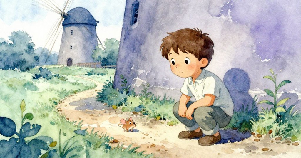 從田鼠視角看見布雷克蹲在水車旁,細心追尋地面上潮濕的麥粒痕跡,小田鼠悄然觀察,呈現好奇與探索的情景。